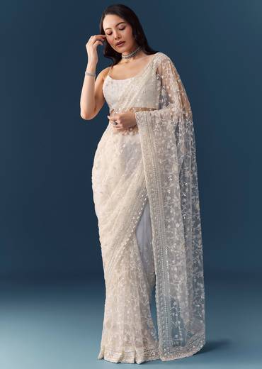 White Net Jaal Resham Work Saree with Unstitched Blouse