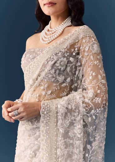 Grey Floral Jaal Embellished Saree with Unstitched Blouse