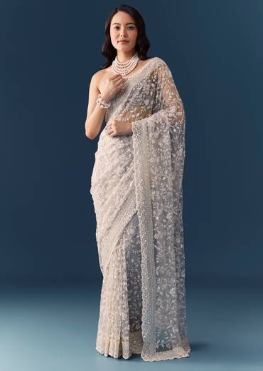 Grey Floral Jaal Embellished Saree with Unstitched Blouse