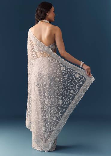 Grey Floral Jaal Embellished Saree with Unstitched Blouse