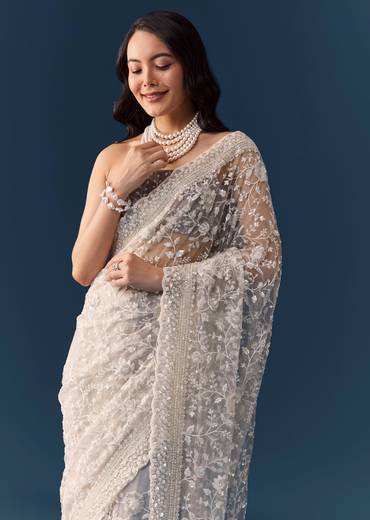 Grey Floral Jaal Embellished Saree with Unstitched Blouse