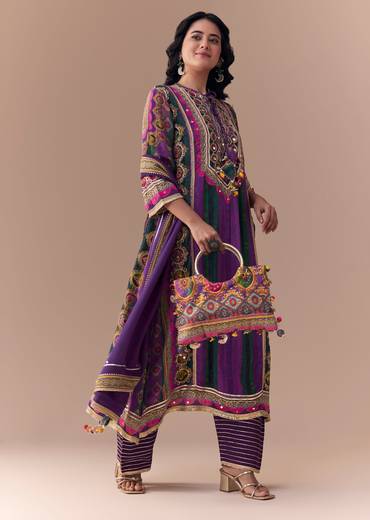 Purple Indie Print Crepe Kurta Set with Handbag