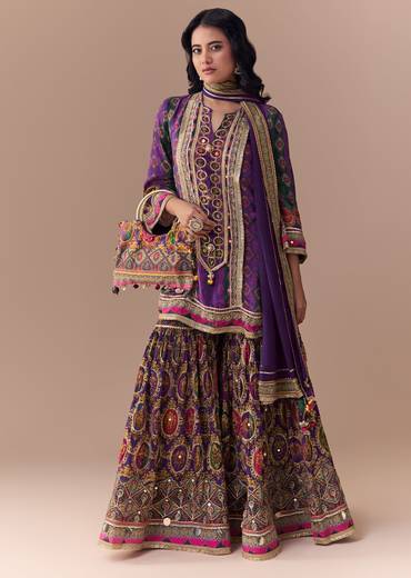 Purple Indie Print Kurta Sharara Set with Handbag