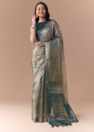 Teal Green Organza Silk Saree with Unstitched Blouse