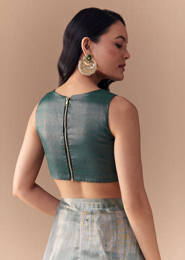 Teal Green Organza Silk Saree with Unstitched Blouse