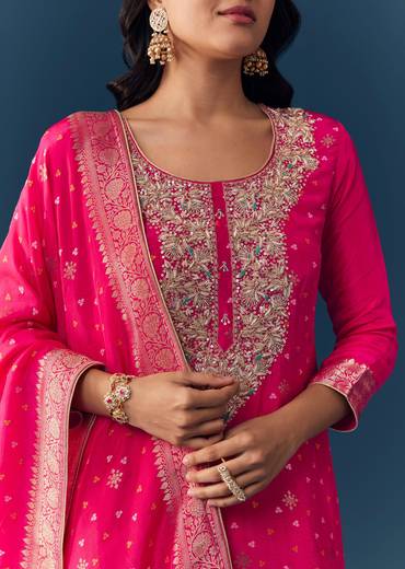 Pink Bandhani Zardozi Work Kurta Set
