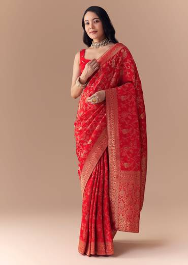 Red Dola Silk Zari Woven Saree with Unstitched Blouse