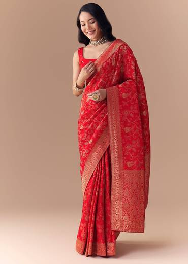 Red Dola Silk Zari Woven Saree with Unstitched Blouse