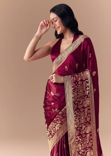 Wine Satin Woven Border Saree with Unstitched Blouse