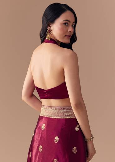Wine Satin Woven Border Saree with Unstitched Blouse