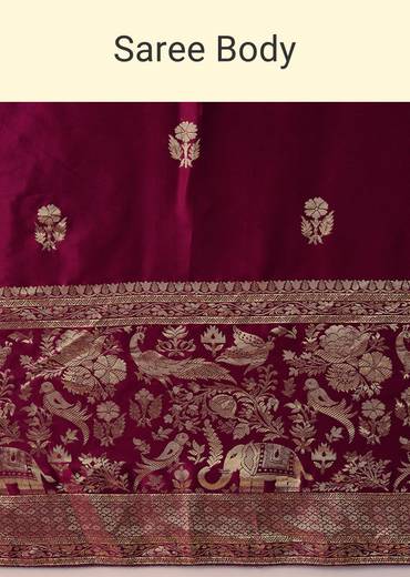 Wine Satin Woven Border Saree with Unstitched Blouse