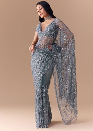 Blue Grey Net Sequin Floral Work Saree with Unstitched Blouse