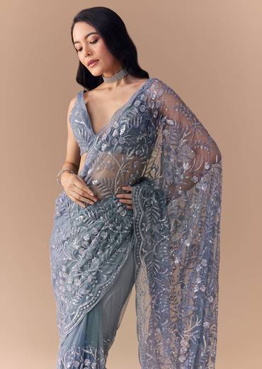 Blue Grey Net Sequin Floral Work Saree with Unstitched Blouse