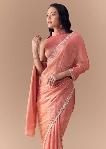 Peach Jacquard Print Tissue Saree with Unstitched Blouse