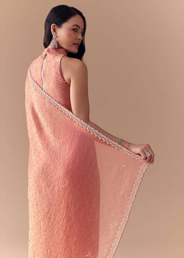Peach Jacquard Print Tissue Saree with Unstitched Blouse