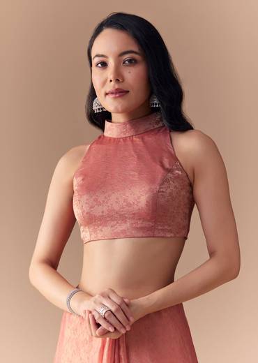 Peach Jacquard Print Tissue Saree with Unstitched Blouse