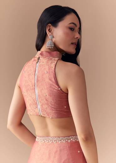 Peach Jacquard Print Tissue Saree with Unstitched Blouse