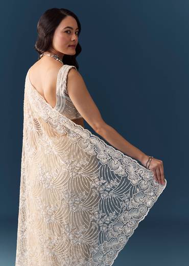 Beige Net Floral Jaal Sequin Work Saree with Unstitched Blouse