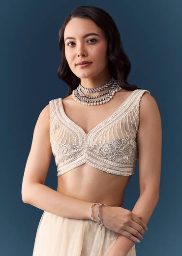 Beige Net Floral Jaal Sequin Work Saree with Unstitched Blouse