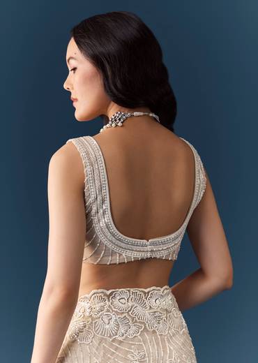 Beige Net Floral Jaal Sequin Work Saree with Unstitched Blouse