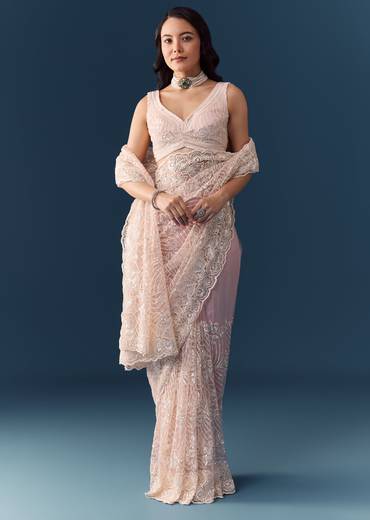 Pink Net Floral Jaal Cutdana Work Saree with Unstitched Blouse