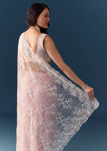 Pink Net Floral Jaal Cutdana Work Saree with Unstitched Blouse