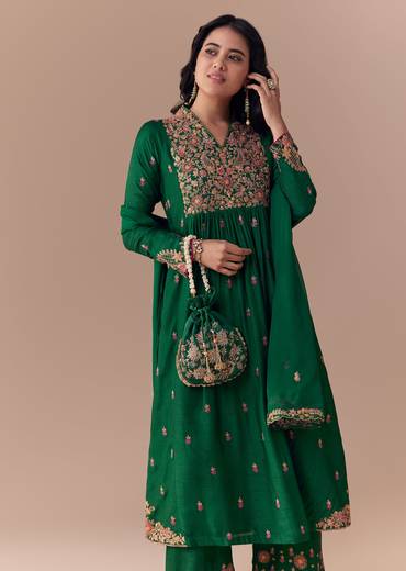 Green Silk Zari Embellished Anarkali Set
