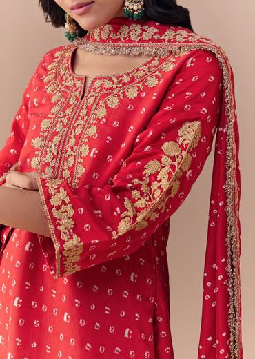 Red Silk Bandhani Print Kurta Set