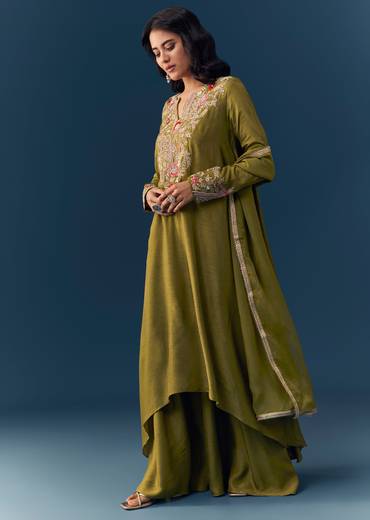 Green Silk Zardozi Work Kurta Palazzo Set