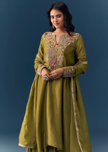 Green Silk Zardozi Work Kurta Palazzo Set
