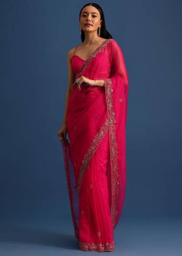 Hot Pink Cutdana Embroidered Saree With Unstitched Blouse