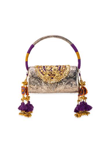 Silver Floral Etched Textured Metal Bag