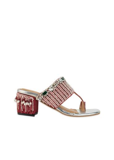 Silver Hand Hand Embellished Faux Leather Block Heels