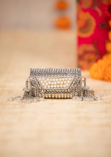 Silver Pearl Embellished Tassel Bag