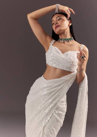 Silver Round Neck Blouse With Ready Drape Saree