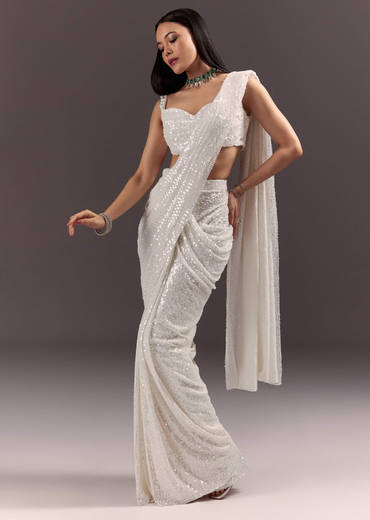 Silver Round Neck Blouse With Ready Drape Saree