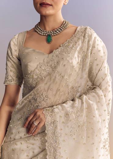Silver Tissue Saree With Cutwork And Unstitched Embellished Blouse