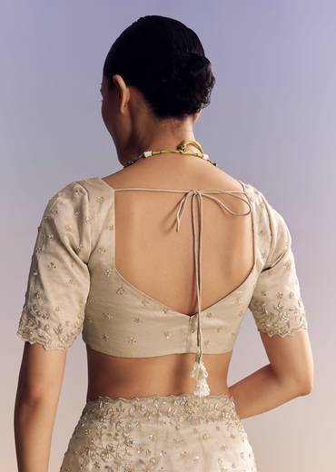 Silver Tissue Saree With Cutwork And Unstitched Embellished Blouse