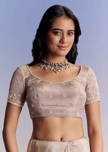 Silver Tissue Saree With Embroidered Scallop Border And Sequin Moti Work