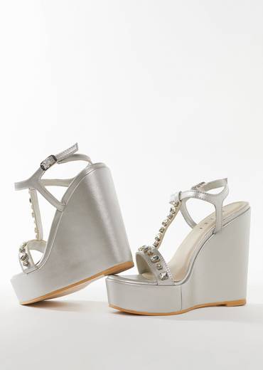 Silver Faux Leather Womens Footwear With Embellished Detail Work