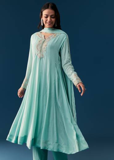 Sky Blue Chinon Anarkali Suit With Dupatta And Moti Cut Dana Work