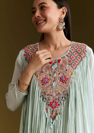 Sky Blue Chinon Flared Kurta Set With Thread Work