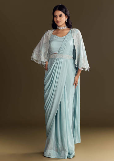 Sky Blue Chinon Pre Draped Saree With Cape And Belt