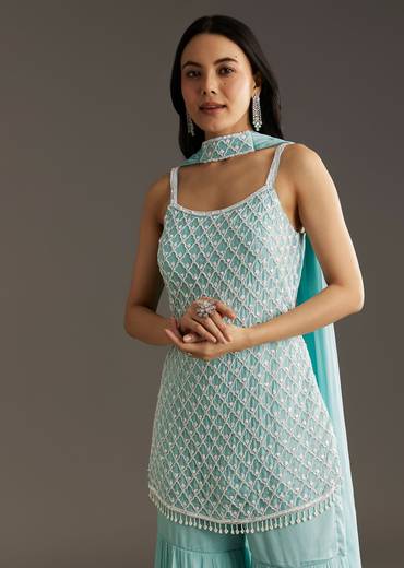 Sky Blue Chinon Sharara Suit Set With Choker Style Dupatta