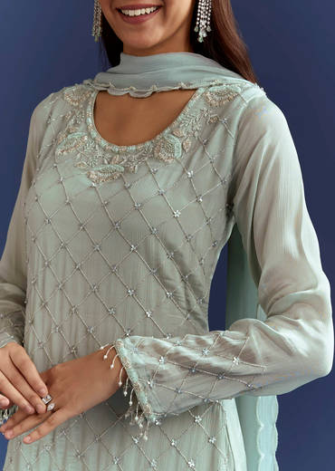 Sky Blue Cutdana Kurta With Scallop Dupatta And Palazzo In Chinon