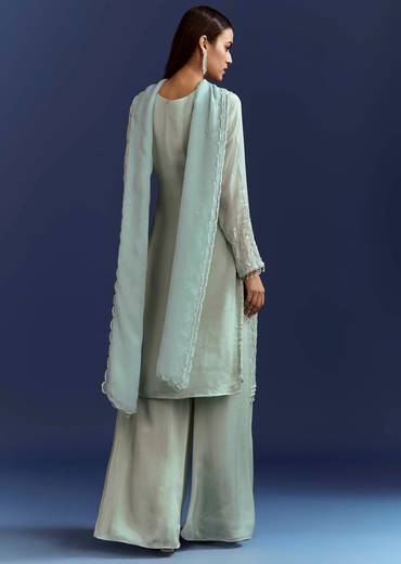 Sky Blue Cutdana Kurta With Scallop Dupatta And Palazzo In Chinon