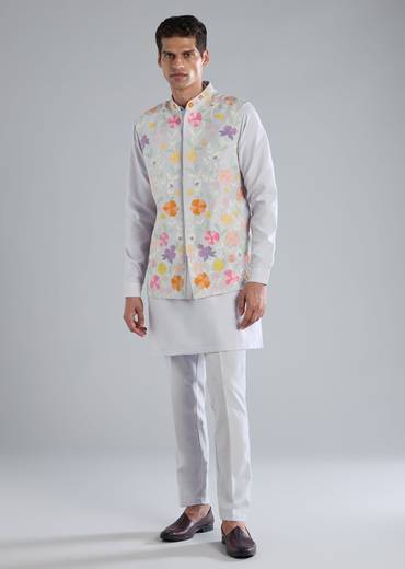 Sky Blue Kurta Jacket Set With Dori Work Detailing