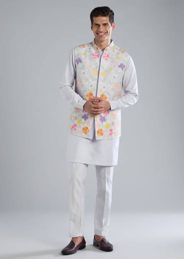 Sky Blue Kurta Jacket Set With Dori Work Detailing