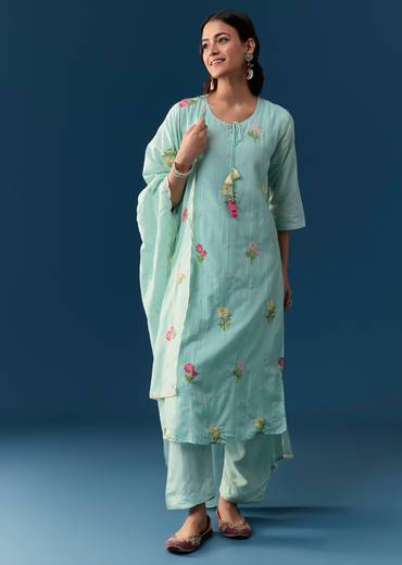 Sky Blue Pakistani Style Kurta Set With Dupatta And Thread Resham Work