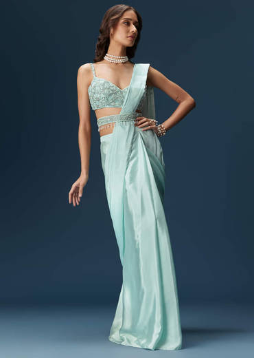 Sky Blue Ready Pleated Saree With Blouse And Belt